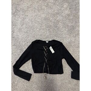 GARAGE Rhinestone Drip Long Sleeve Cropped Top Black Ribbed Knit XS P/S